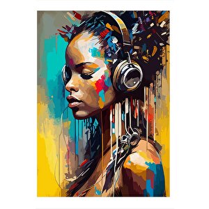 Kulaklıkla Müzik Dinleyen Kız Dekoratif Ahşap Tablo 25cmx 35cm