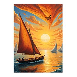 Sarı Yelkenli Sandal Desenli Ahşap Tablo 35cm X50cm 35x50 cm