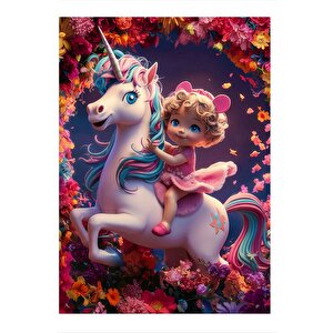 Tek Boynuzlu At Ve Kız Çocuğu Hediyelik Ahşap Tablo 25cmx 35cm 25x35 cm