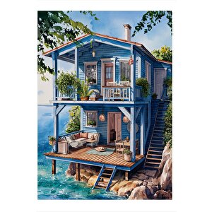 Deniz Kenarındaki Mavi Ev Modern Ahşap Tablo 50cmx 70cm 50x70 cm