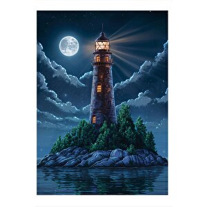 Dolunay Ve Deniz Feneri Mdf Poster 25cmx 35cm 25x35 cm