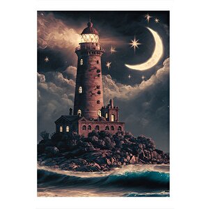 Gece Ve Deniz Feneri Modern Ahşap Tablo 25cmx 35cm 25x35 cm
