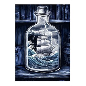 Şişe İçerisinde Gemi Desenli Ahşap Tablo 35cm X50cm 35x50 cm