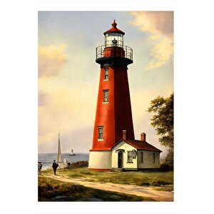Kırmızı Deniz Feneri Desenli Ahşap Tablo 25cmx 35cm 25x35 cm