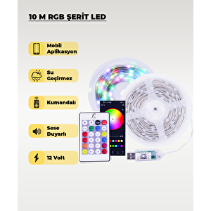 10 Metre Rgb Şerit Led - Kumanda Ve Mobil Aplikasyon Kontrol- Su Geçirmez / Sese Duyarlı