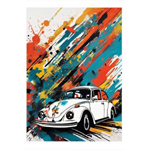 Renkli Fon Beyaz Kaplumbağa Araba Tasarım Mdf Tablo 25cmx 35cm 25x35 cm