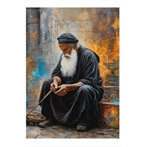 Yerde Oturmuş Yaşlı Adam Desenli Mdf Tablo 35cm X50cm 35x50 cm