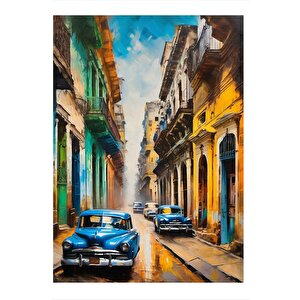 Mavi Klasik Arabalar Ve Renkli Sokak Desenli Mdf Tablo 50cmx 70cm 50x70 cm