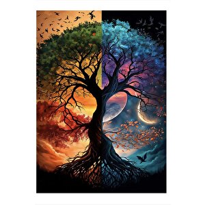 Dört Mevsim Ağaç Ve Gezegen Dekoratif Ahşap Tablo 35cm X50cm 35x50 cm