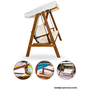 Pera 2000 3 Kişilik Ahşap Bahçe Balkon Salıncak, Krem Krem