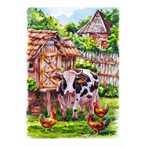 Tavuklar Ve İnek Mdf Tablo 35cm X50cm 35x50 cm