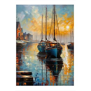 Gün Batımı Ve Yelkenli Tekneler Art Mdf Poster 35cm X50cm 35x50 cm