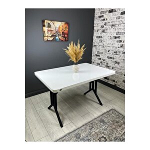Sultan Beyaz Siyah Mutfak Yemek Masası Balkon Masası Kavisli Köşe Metal Siyah Ayak 120*80 Cm