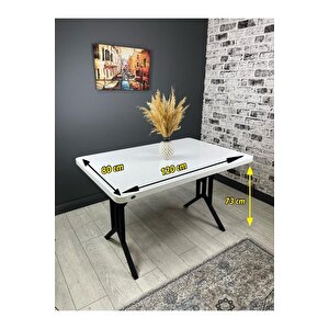 Sultan Beyaz Siyah Mutfak Yemek Masası Balkon Masası Kavisli Köşe Metal Siyah Ayak 120*80 Cm