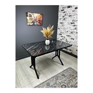 Sultan Siyah Mermer Mutfak Yemek Masası Balkon Masası Kavisli Köşe Metal Siyah Ayak 120*80 Cm Siyah