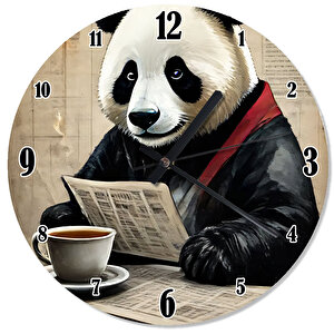Gazete Okuyan Panda Desenli Duvar Saati