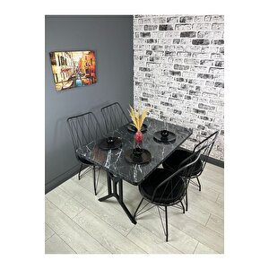 Handan Siyah Mermer Mutfak Yemek Masası Balkon Masası Kavisli Köşe Metal Siyah Ayak 110*70 Cm