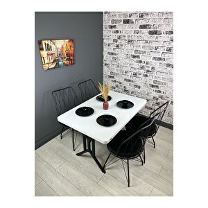 Handan Beyaz Siyah Mutfak Yemek Masası Balkon Masası Kavisli Köşe Metal Siyah Ayak 110*70 Cm Beyaz