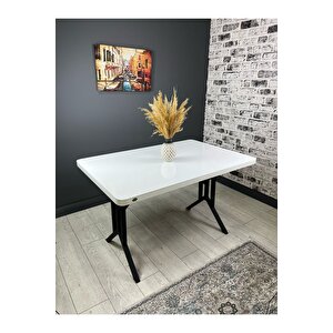 Handan Beyaz Siyah Mutfak Yemek Masası Balkon Masası Kavisli Köşe Metal Siyah Ayak 110*70 Cm Beyaz