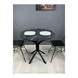 Saray Siyahmermer Yuvarlak Mutfak Masası Yemek Masa Balkon Masa Metal Siyah Ayak 80 Cm