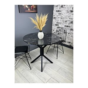 Saray Siyahmermer Yuvarlak Mutfak Masası Yemek Masa Balkon Masa Metal Siyah Ayak 80 Cm