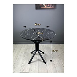 Saray Siyahmermer Yuvarlak Mutfak Masası Yemek Masa Balkon Masa Metal Siyah Ayak 80 Cm