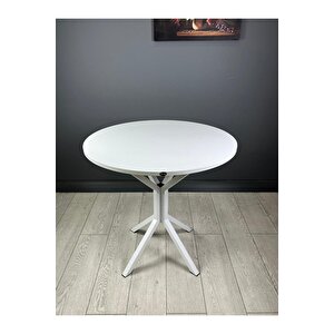 Saray Beyaz Yuvarlak Mutfak Masası Yemek Masası Balkon Masası Metal Beyaz Ayak 80 Cm Beyaz/Beyaz
