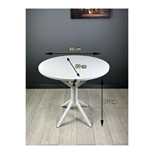 Saray Beyaz Yuvarlak Mutfak Masası Yemek Masası Balkon Masası Metal Beyaz Ayak 80 Cm