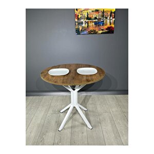 Saray Ceviz Beyaz Yuvarlak Mutfak Masası Yemek Masası Balkon Masası Metal Beyaz Ayak 80 Cm Ceviz Beyaz