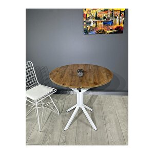 Saray Ceviz Beyaz Yuvarlak Mutfak Masası Yemek Masası Balkon Masası Metal Beyaz Ayak 80 Cm Ceviz Beyaz