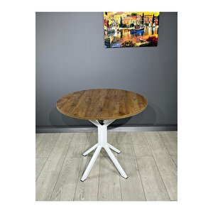 Saray Ceviz Beyaz Yuvarlak Mutfak Masası Yemek Masası Balkon Masası Metal Beyaz Ayak 80 Cm Ceviz Beyaz