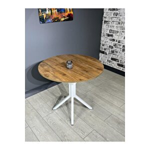 Saray Ceviz Beyaz Yuvarlak Mutfak Masası Yemek Masası Balkon Masası Metal Beyaz Ayak 80 Cm