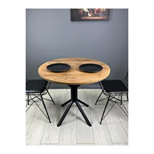 Saray Ceviz Yuvarlak Mutfak Masası Yemek Masası Balkon Masası Metal Siyah Ayak 80 Cm Ceviz