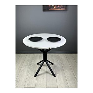 Saray Beyaz Siyah Yuvarlak Mutfak Masası Yemek Masa Balkon Masa Metal Siyah Ayak 80 Cm Beyaz