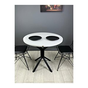 Saray Beyaz Siyah Yuvarlak Mutfak Masası Yemek Masa Balkon Masa Metal Siyah Ayak 80 Cm Beyaz