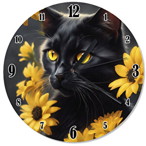 Kara Kedi Ve Sarı Çiçekler Dekoratif Duvar Saati