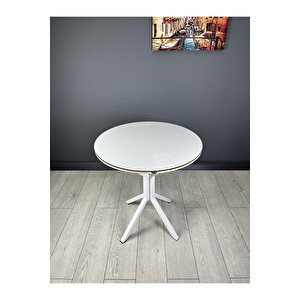 Derya Beyaz Yuvarlak Mutfak Masa Yemek Masa Balkon Masa Gold Kenar Metal Beyaz Ayak 70 Cm Beyaz/Beyaz