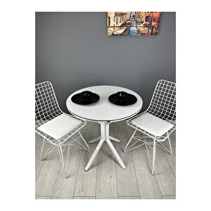 Derya Beyaz Yuvarlak Mutfak Masa Yemek Masa Balkon Masa Gold Kenar Metal Beyaz Ayak 70 Cm Beyaz/Beyaz