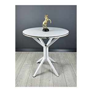 Derya Beyaz Yuvarlak Mutfak Masa Yemek Masa Balkon Masa Gold Kenar Metal Beyaz Ayak 70 Cm