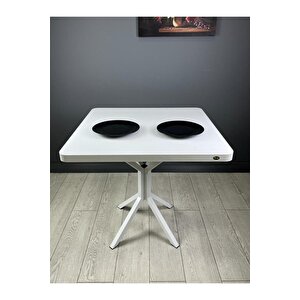 Roma Beyaz Mutfak Yemek Masası Balkon Masası Kavisli Köşe Metal Beyaz Ayak 80 Cm Beyaz/Beyaz