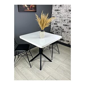Roma Beyaz Mutfak Yemek Masası Balkon Masası Kavisli Köşe Metal Siyah Ayak 80 Cm Beyaz