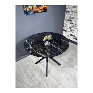 Selin Siyah Mermer Yuvarlak Mutfak Masası Yemek Masası Balkon Masası Metal Siyah Ayak 90 Cm Siyah