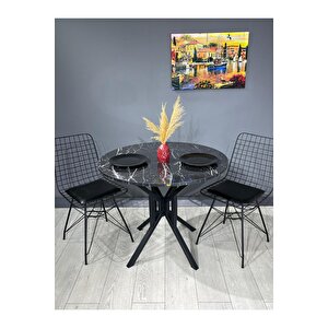 Selin Siyah Mermer Yuvarlak Mutfak Masası Yemek Masası Balkon Masası Metal Siyah Ayak 90 Cm Siyah