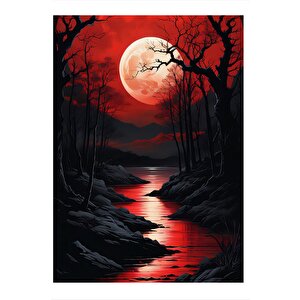 Kırmızı Gizemli Ay Hediyelik Ahşap Tablo 25cmx 35cm 25x35 cm