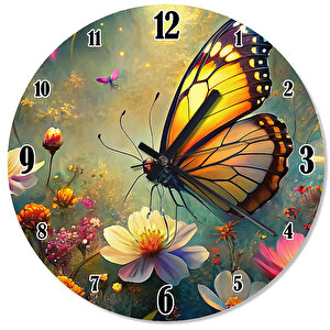 Altın Kanatlı Kelebek Ve Çiçek Desenli Duvar Saati