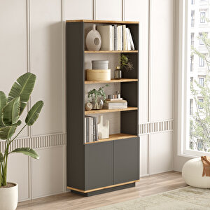 Loft Kitaplık Raf 2 Kapaklı Raflı 168cm Çam-antrasit