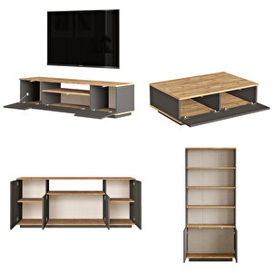 Robin Home Loft Tv Ünitesi Orta Sehpa Konsol Kitaplık 4'lü Set Çam-antrasit