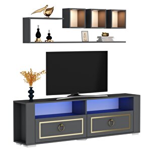 Calvi̇n Led Aydinlatmali ,spot Işikli  Tv Üni̇tesi̇, Orta Sehpa Ve Konsol Salon Takimi Antrasit- Altın