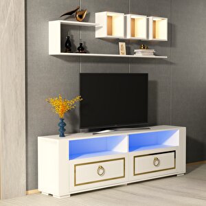 Calvi̇n Led Aydinlatmali ,spot Işikli  Tv Üni̇tesi̇, Orta Sehpa Ve Konsol Salon Takimi Beyaz-Altın