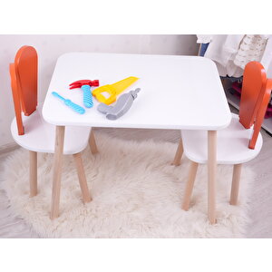 Montessori Çocuk Çalışma Masası Takımı: 1 Beyaz Masa & 2 Turuncu Bunny Sandalye Turuncu